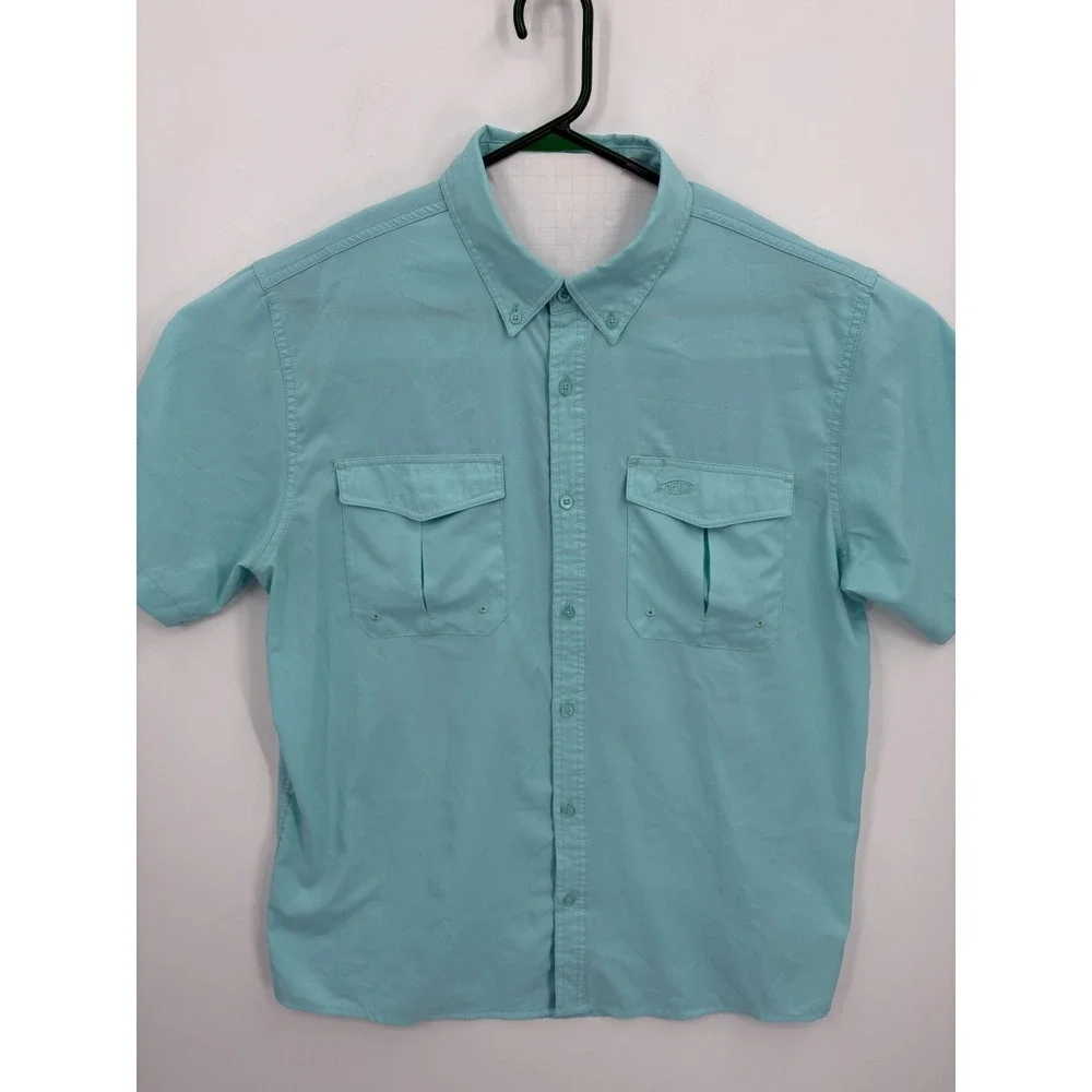 (2) LOT Aftco Men's Aftec Short Sleeve Button Down Fishing Vented Blue Aqua, L